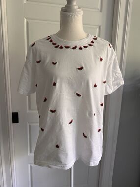 Talbots White Cotton T-Shirt Embroidered Watermelon Fruit Summer Picnic Large